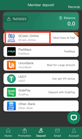 Step 2: choose the deposit method as GCash.