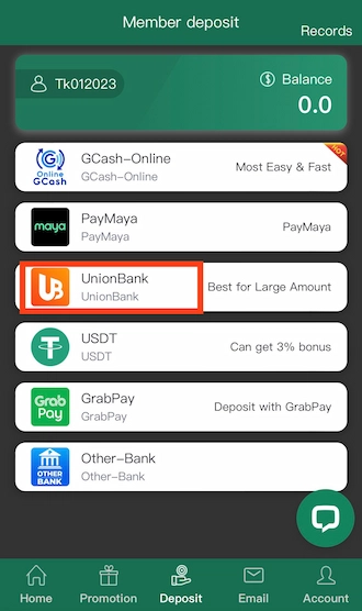 Step 1: Aselect UnionBank as the deposit method.