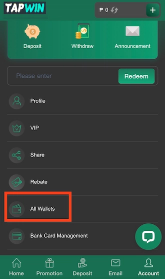 Step 1: Perform TAPWIN Com login Philippines, then select "All Wallets"